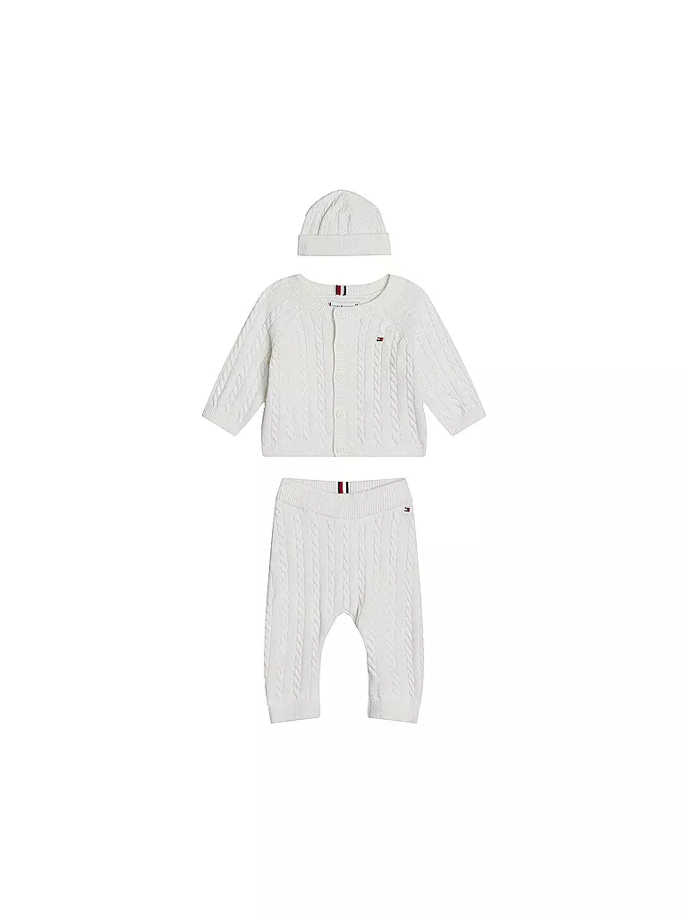 TOMMY HILFIGER | Set neonato 3 pezzi, cardigan, cappello e pantaloni in maglia | Crema