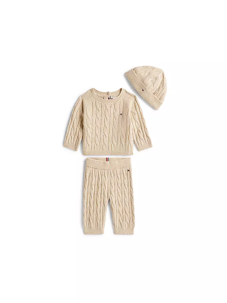 TOMMY HILFIGER | Set neonato 3 pezzi, maglione, pantaloni e cappello | Beige