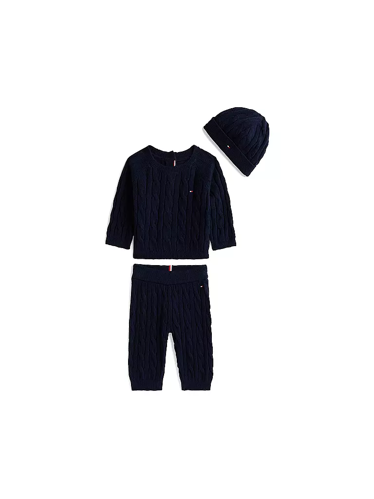 TOMMY HILFIGER | Set neonato 3 pezzi maglione, pantaloni e cappello | Blu scuro