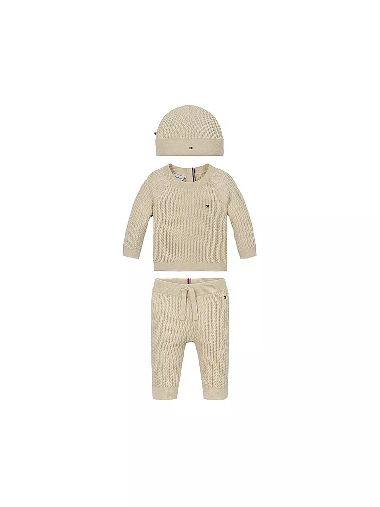 TOMMY HILFIGER | Set neonato 3 pezzi. Maglione, pantaloni e cappello | Beige