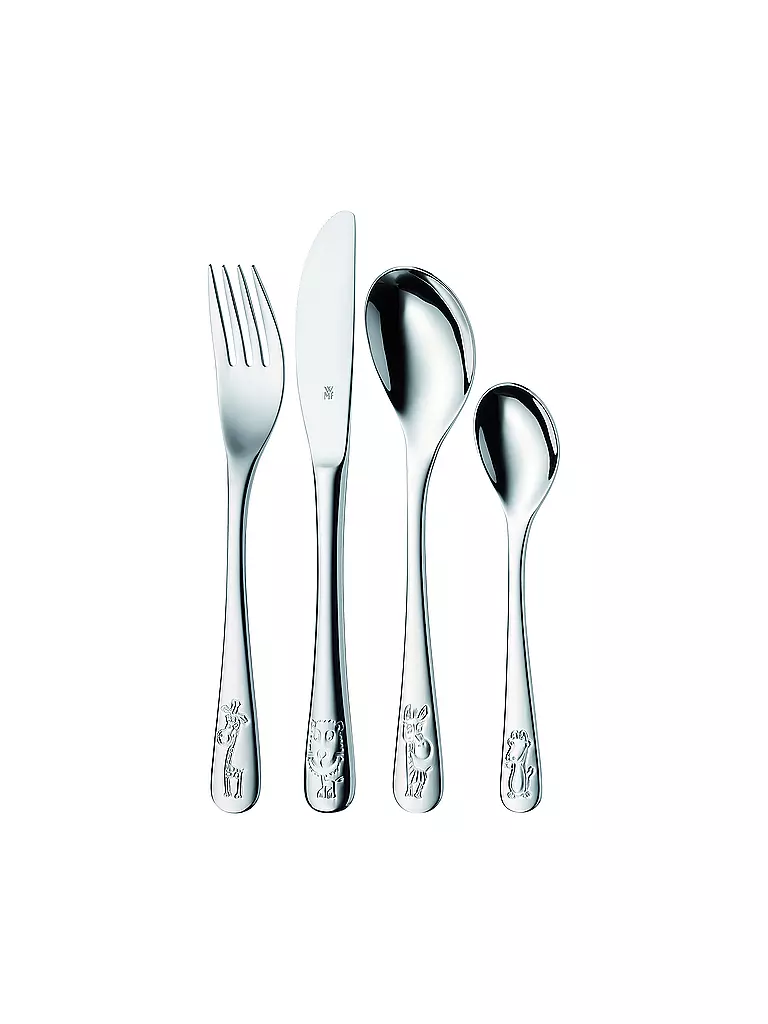 WMF | Set di posate per bambini Safari Crogargan, 4 pezzi / Multicolore | Argento