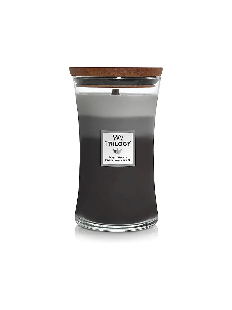 WOODWICK | Candela a clessidra con stoppino crepitante 454g Triology Warm Woods | Grigio