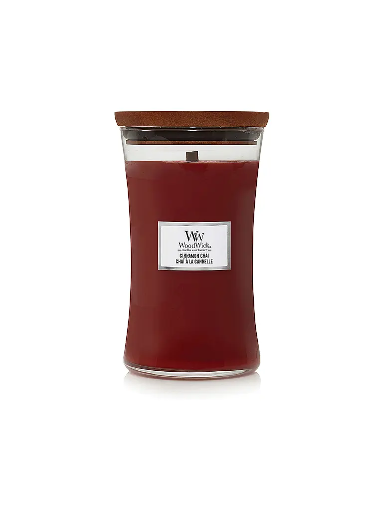 WOODWICK | Candela a Clessidra con Stoppino Scoppiettante 610g Large Cinnamon Chai | Rosso scuro