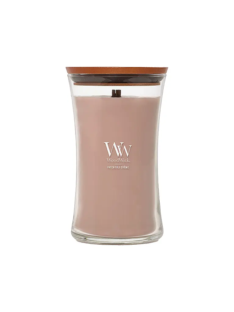WOODWICK | Candela a Clessidra con Stoppino Scoppiettante 610g Large Patchouli Creme | Beige