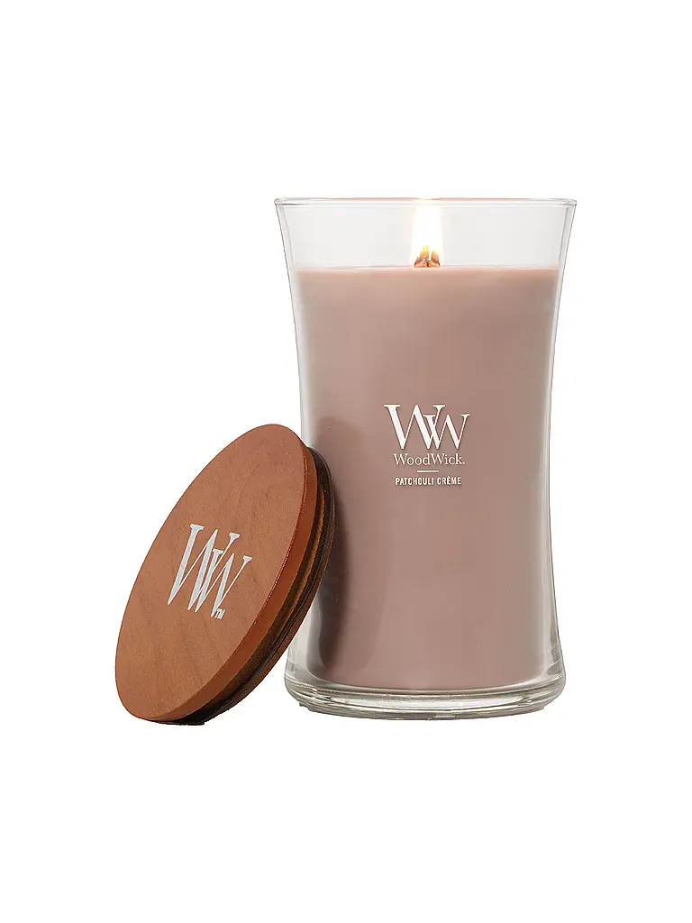 WOODWICK | Candela a Clessidra con Stoppino Scoppiettante 610g Large Patchouli Creme | Beige