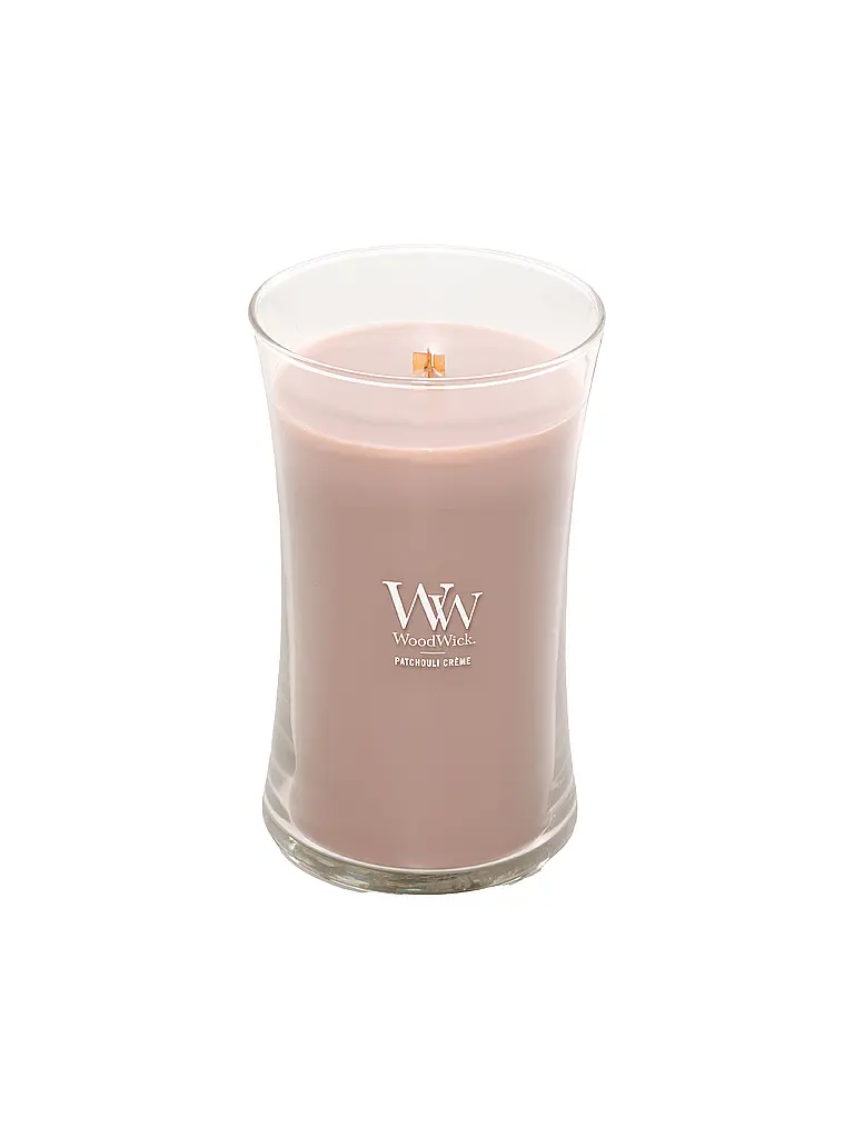 WOODWICK | Candela a Clessidra con Stoppino Scoppiettante 610g Large Patchouli Creme | Beige